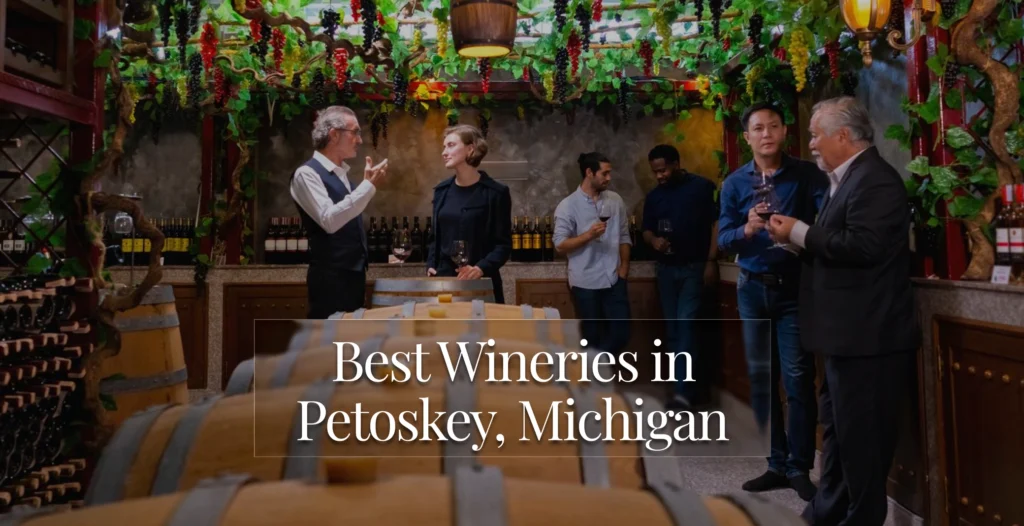 Elegant winery tasting room in Petoskey, Michigan with visitors enjoying wine and greenery
