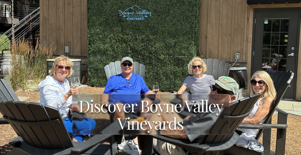 Five people raising wine glasses in outdoor chairs at Boyne Valley Vineyards, with a small dog below them.