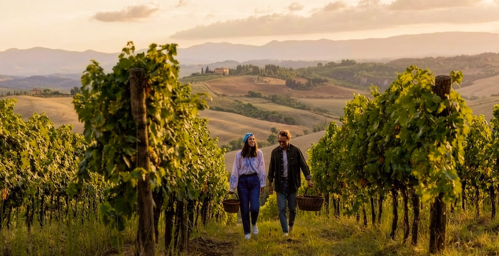 Couple carrying picnic baskets walking through a vineyard with scenic rolling hills in the background.