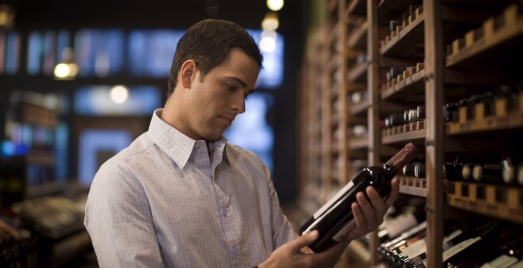 Man in a button-down shirt examining a bottle of wine in front of wooden wine racks.
