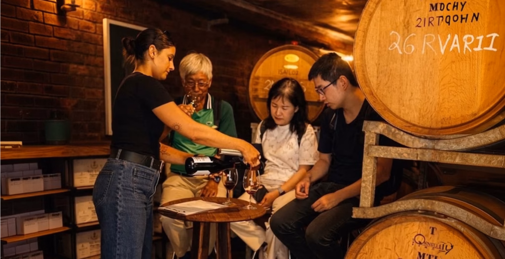 Sommelier pouring wine for seated guests in a cozy, wooden barrel-filled wine cellar.