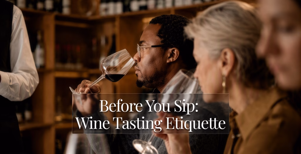 Man smelling red wine in a glass at a wine tasting, with text overlay: "Before You Sip: Wine Tasting Etiquette".