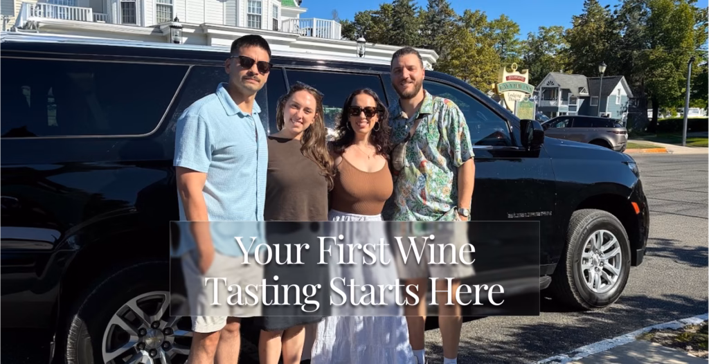 Four smiling people standing in front of a black SUV with text overlay reading "Your First Wine Tasting Starts Here."