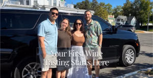 Four smiling people standing in front of a black SUV with text overlay reading "Your First Wine Tasting Starts Here."