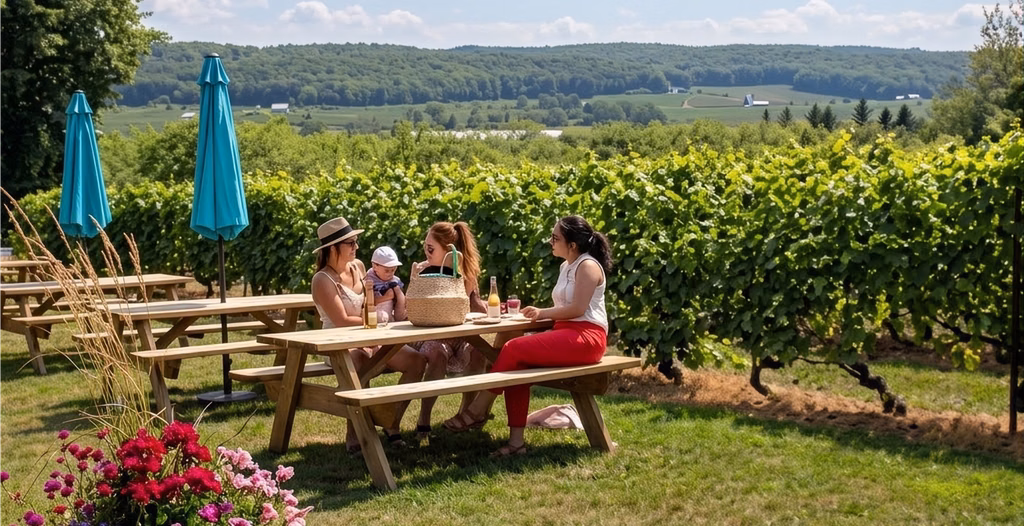 Group sitting at a picnic table outdoors by a vineyard with umbrellas and rolling hills in the background.